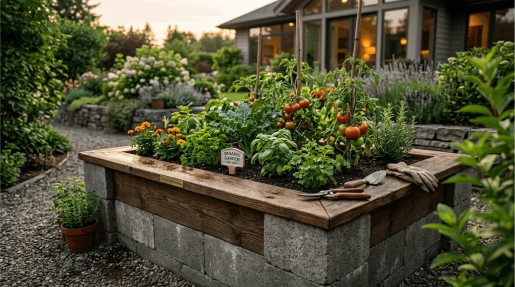 Simple DIY raised garden bed built with concrete blocks and reclaimed wood for under $50