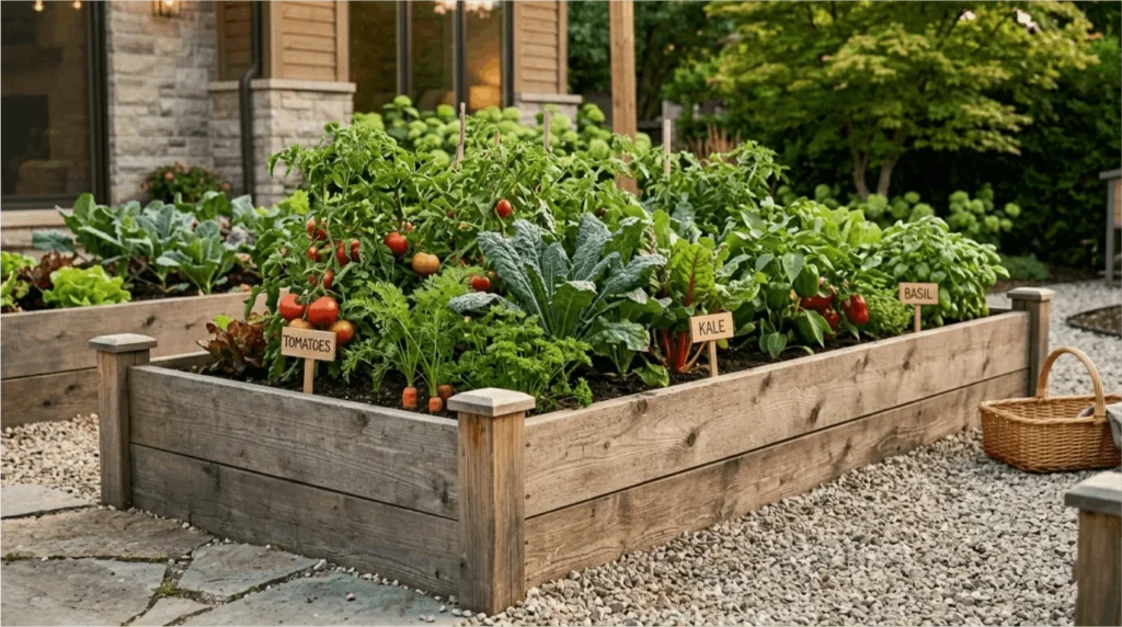 Classic 4x8 foot cedar raised garden bed filled with tomatoes and lettuce
