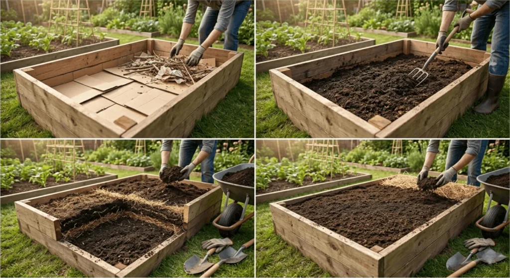 Layers of compost, soil and organic matter being added to a raised garden bed using the lasagna method