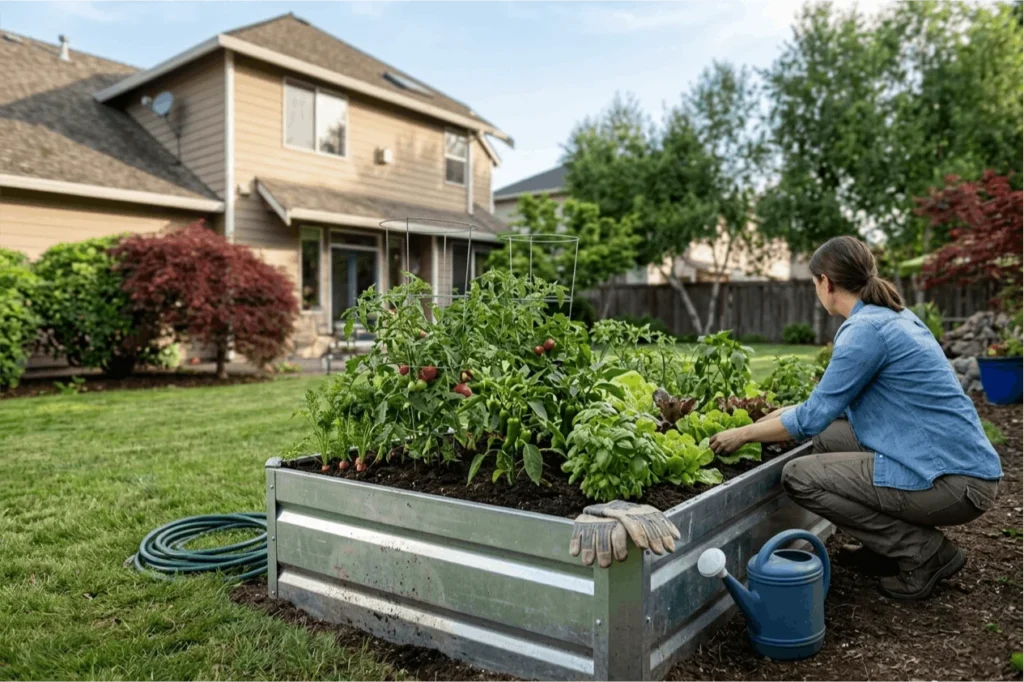 Galvanized metal raised garden bed with vegetables growing in a modern backyard