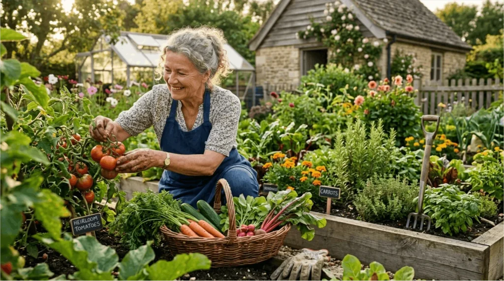 Gardener harvesting fresh tomatoes and vegetables from a beginner vegetable garden