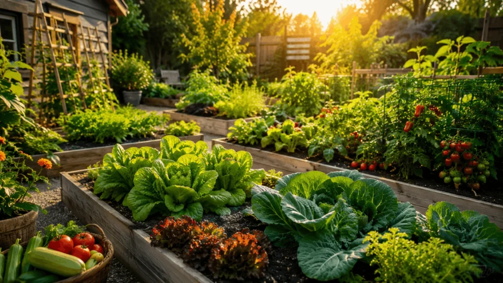 Beginner vegetable garden with tomatoes and peppers growing in raised beds