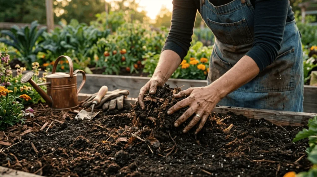 Gardener mixing compost into garden soil to prepare vegetable beds