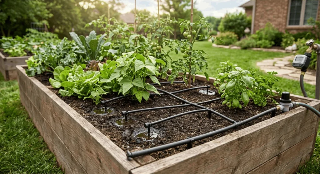 Drip irrigation tubing installed in a raised vegetable garden bed watering tomatoes and peppers