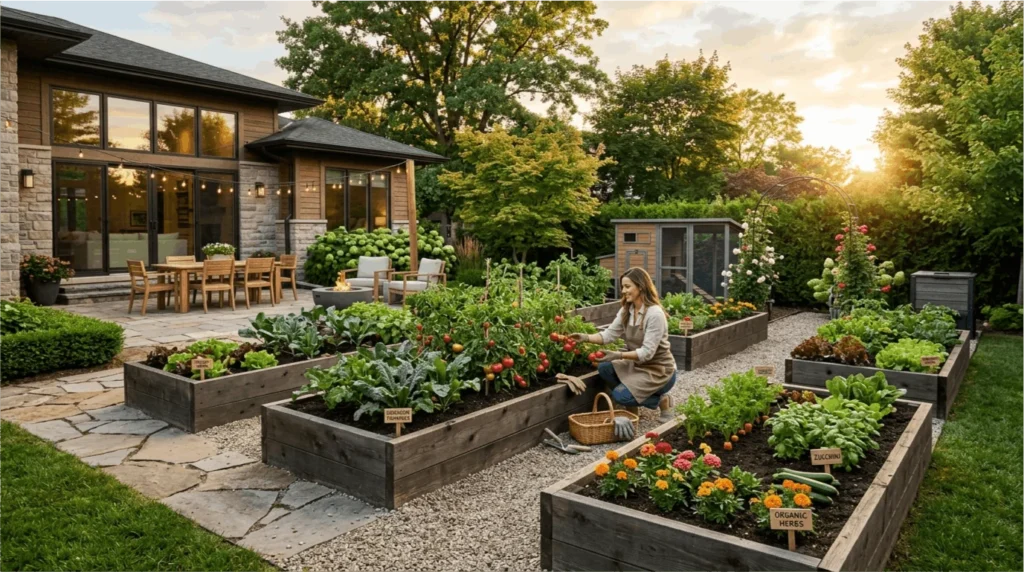 Multiple raised garden beds in a backyard filled with vegetables and herbs
