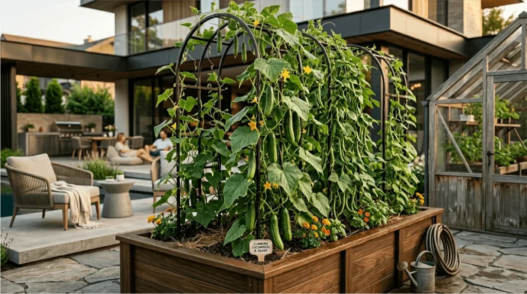 Raised garden bed with a trellis supporting climbing pole beans and cucumber vines 