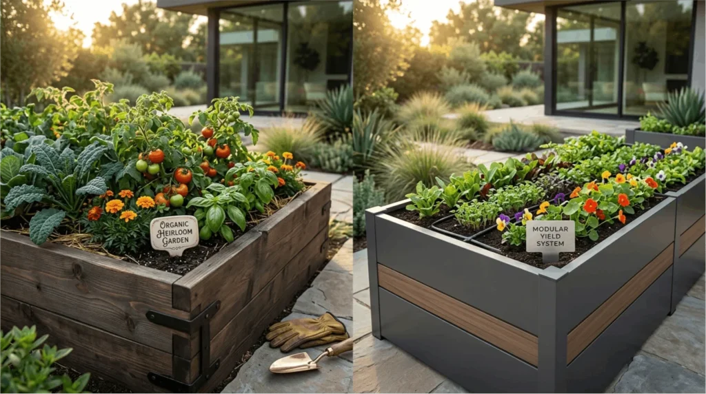 Wooden raised garden bed next to container pots showing two beginner garden options
