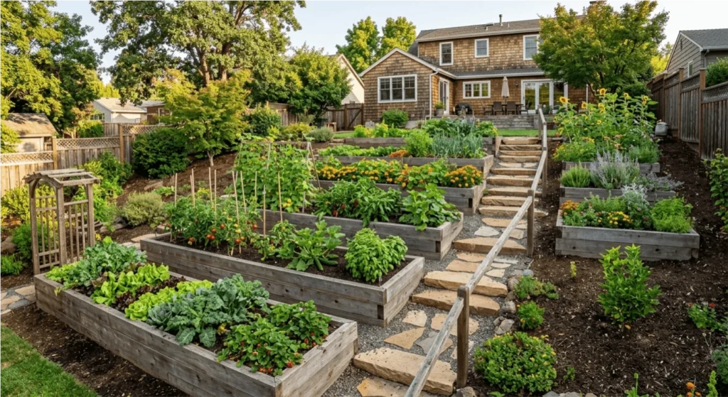 Beautiful tiered raised garden beds built on a sloped backyard with vegetables growing on each level